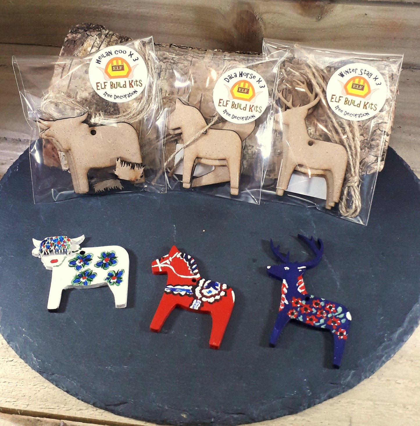 Dala Horse, Deer, Highland Cow, Traditional Christmas Tree Decoration MDF blanks sets of 3