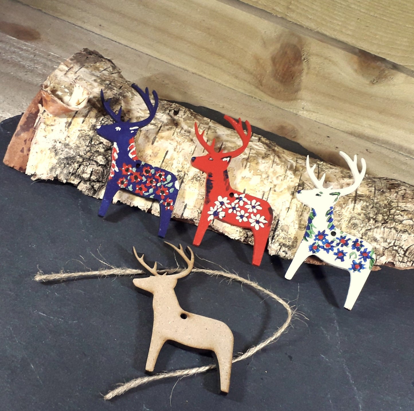 Dala Horse, Deer, Highland Cow, Traditional Christmas Tree Decoration MDF blanks sets of 3