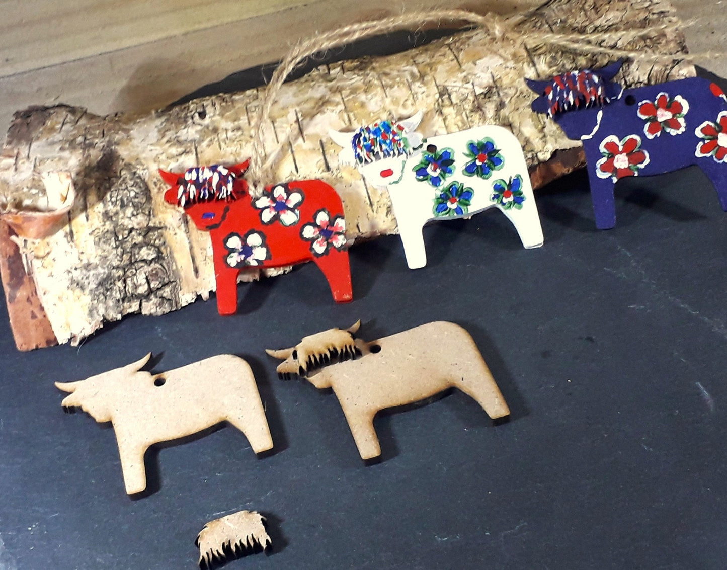 Dala Horse, Deer, Highland Cow, Traditional Christmas Tree Decoration MDF blanks sets of 3