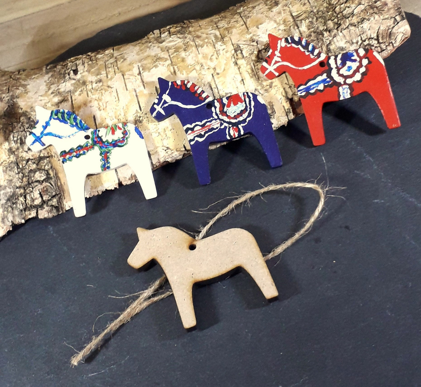 Dala Horse, Deer, Highland Cow, Traditional Christmas Tree Decoration MDF blanks sets of 3