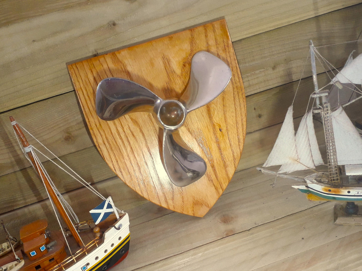Propellor on Wooden Shield - reclaimed nautical souvenir, Isle of Arran beach find wall art decor